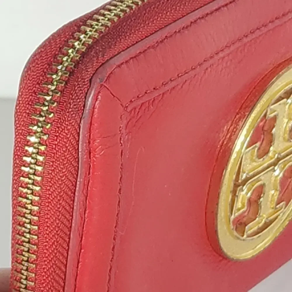 Tory Burch Amanda Red Pebbled Leather Gold Logo Zip Continental Wallet